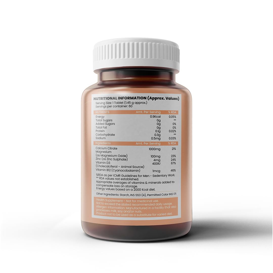 Healthcom Nutra CALCO-12 Calcium 60 Tablets Pack | Magnesium, Zinc With Vitamin D3 & B12 Capsule for Men & Women | For Stronger Bones, Immunity Improves Joints & Muscles Metabolism