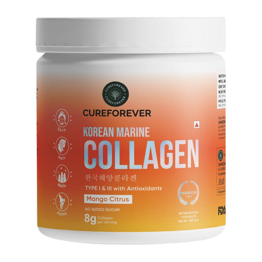 CUREFOREVER Marine Collagen Powder for Women & Men | Hydrolyzed Type I & III Collagen Peptides for Skin Glow, Hair Growth, Nails & Joints Support | Beauty & Anti-Aging Formula, Mango Citrus Flavour, 25 Servings