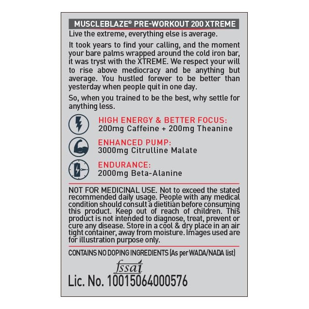 MuscleBlaze Pre Workout 200 Xtreme (Berry Bolt, 30 Servings, 100g) | 20- image 3