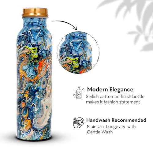 Printed Copper Bottle - Copper Water Bottle 1+ Litre - Floral Water Bottle - Pure Copper Bottle For Office & Home - Water Bottle Copper For Women - Water Bottle For Men - Gym Water Bottle Copper