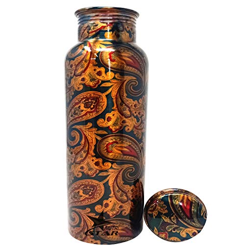 Nutristar Pure Copper Water Bottle. Printed Green with Mango Design and Leakproof Threaded Cap. Capacity - 1 Liter (Approx). Pack of 1