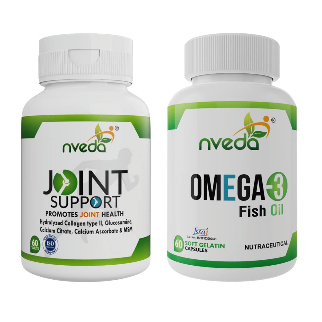 Nveda Omega 3 Fish Oil 60 Capsules & Joint Support 60 Tablets with Collagen type 2, Glucosamine, MSM, Calcium for Healthy Joints (Combo)