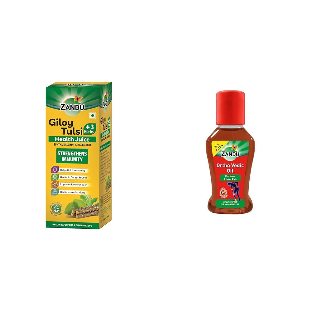Zandu Giloy Tulsi Health Juice with 3 added Herbs, 1 L, Pure and Natural, Builds Immunity, Antioxi | Zandu Ortho Vedic Oil | Ayurvedic Oil for Joint Pain, Muscle Pain, Osteoarthritis | Visible improv