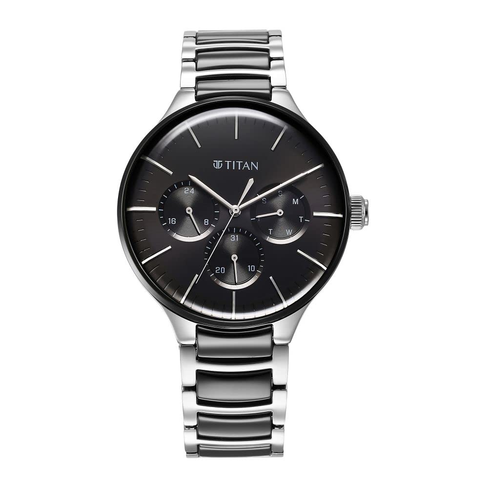 Titan Ceramic Fusion Quartz Black Round Dial Men's Analog Watch | Stainless Stee