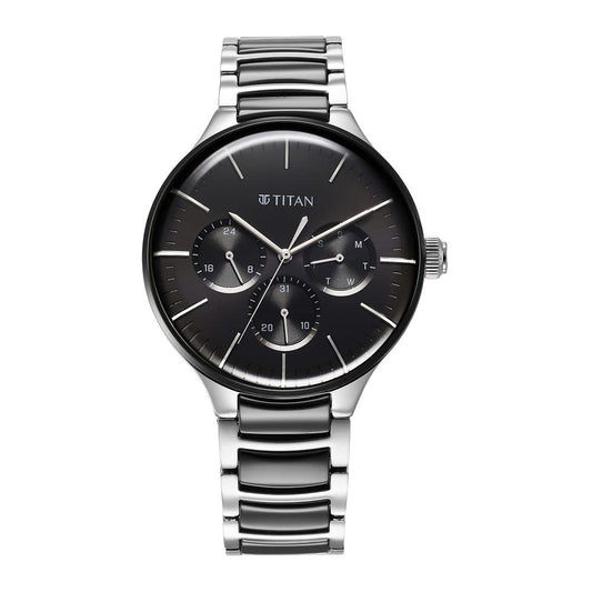 Titan Ceramic Fusion Quartz Black Round Dial Men's Analog Watch | Stainless Stee
