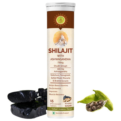 Jivan Shree Yog and Ayurved Combo of Shilajit with Ashwagandha Effervescent Tablets, 15 Tablets, in Pack of 1 Bottle and Shilajit Gummies 30 Gummys Pack of 1