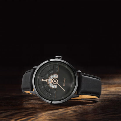 Titan Regalia Grandmaster Black Dial Quartz Analog Leather Strap Watch for Men-NS1828QL03