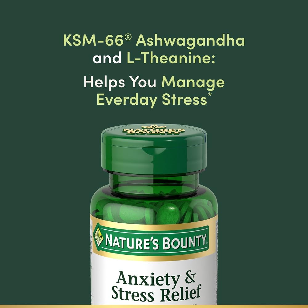 Nature's Bounty Anxiety and Stress Relief, Contains Ashwagandha and L-Theanine for Occasional Anxiety and Stress*, 50 Tablets