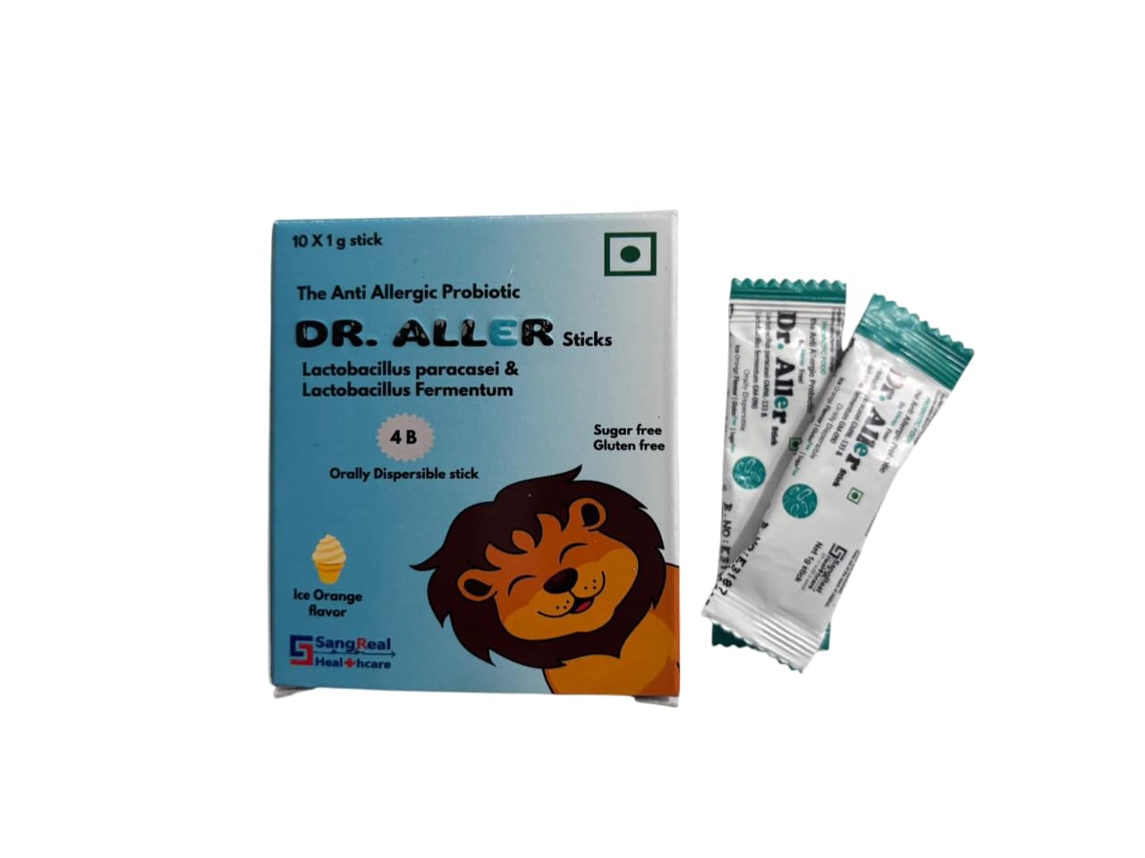 DR ALLER Anti Allergic Probiotic Stick, Pack of 10 sticks of 1g each. Lacobacillus Fermentum and Lactobacillus Paracasei. Ice Orange flavor. Gluten & Sugar free.