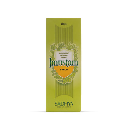 Imustam Syrup | Sadhya Healthcare | Ayurvedic Health Tonic for Daily Immunity Support | Antioxidant Support + Mental Alertness Support | Loha Bhasma, Papaya Pan, Amla, Ashwagandha | 200 ml