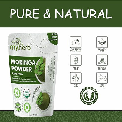 MYHERB Organic Moringa Powder | 227 gm/0.5 Lbs | Ayurvedic Support For Holistic Wellness | Herbal Supplement | Rich In Antioxidants |Good For Digestion, Energy, Immunity, Weight Loss For Men And Women