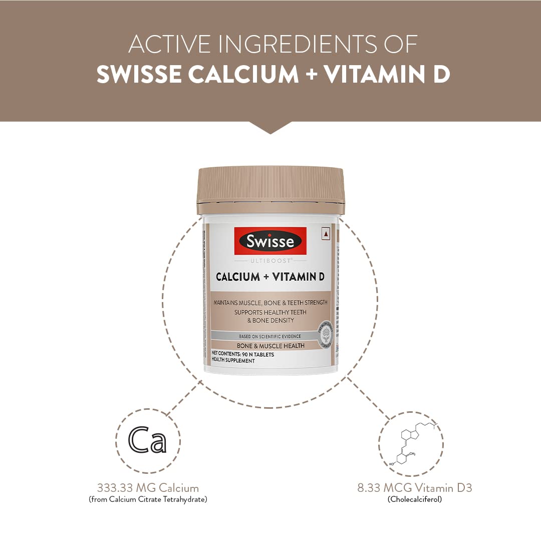 Swisse Calcium + Vitamin D - Supports Stronger Bones, Immunity & Muscle Health, Manufactured In Australia - Pack of 90 Tablets (1 Tablet Per Serving)