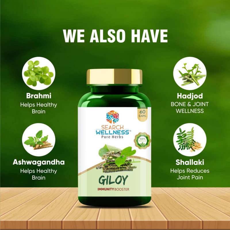 Search Wellness Ayurvedic Giloy (Guduchi) 60 Capsules (Pack of 1) | Herbal Giloy Ghanvati| for Blood Purification | Detoxifies The Body | Enhances Strength & Stamina | Natural Immunity Booster