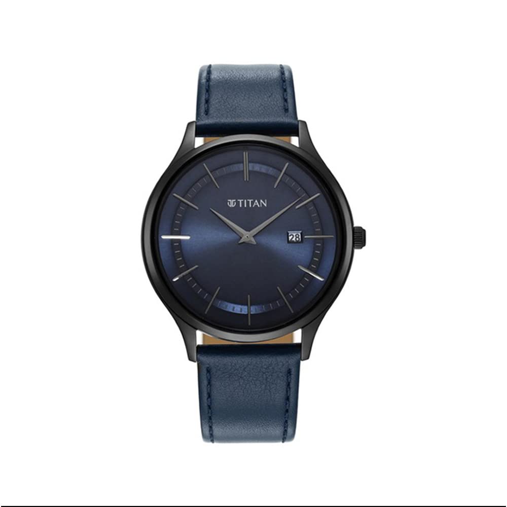 Titan Classique Slimline Blue Dial Analog with Date Leather Strap Watch for Men-