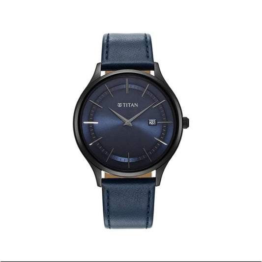 Titan Classique Slimline Blue Dial Analog with Date Leather Strap Watch for Men-