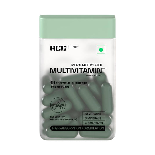 Ace Blend Multivitamin Capsules for Men | Pack of 60 | Methylated Multivitamin with 19 Essential Nutrients | Quatrefolic, MenaQ7 & Vitashine D3 | Supports Energy, Immunity, Focus & Heart Health