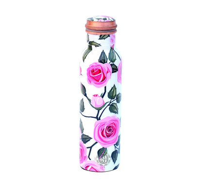 DSH Copper Bottles for 1 Litre Printed with Pink Roses Art, Travelling Purpose Bottles, Yoga Ayurveda Healing, 1000 ML (Design SM02)