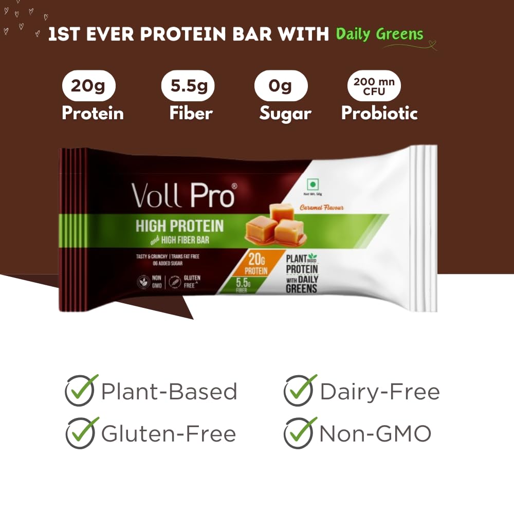 Voll Pro Plant Protein Bar with Daily Greens - High Protein 20g, Fiber 5.5g, 0g Sugar - Caramel Flavour- Non-GMO- Gluten & Trans Fat Free- Crunchy, Delicious Nutrient-Rich Protein Bars (50g X 3 Bar) - (Pack Of 3, Caramel)