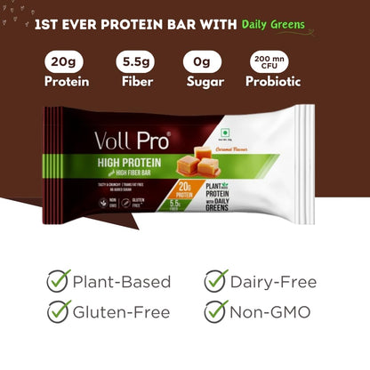 Voll Pro Plant Protein Bar with Daily Greens - High Protein 20g, Fiber 5.5g, 0g Sugar - Caramel Flavour- Non-GMO- Gluten & Trans Fat Free- Crunchy, Delicious Nutrient-Rich Protein Bars (50g X 3 Bar) - (Pack Of 3, Caramel)
