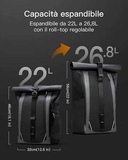 Inateck RollTop 22-26.8L Men's and Women's Laptop Backpack with 180° Opening Main Compartment and Waterproof Zipper, Travel Bag for Leisure and Cycling