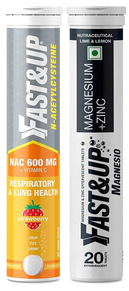 FAST&UP NAC (N-Acetylcysteine) + Vitamin C- Strawberry Flavour (Pack of 20 Effervescent Tablets), White & Fast&Up Magnesio - Restful Sleep Supplement - (20 Effervescent Tablets, Lime & Lemon Flavor)