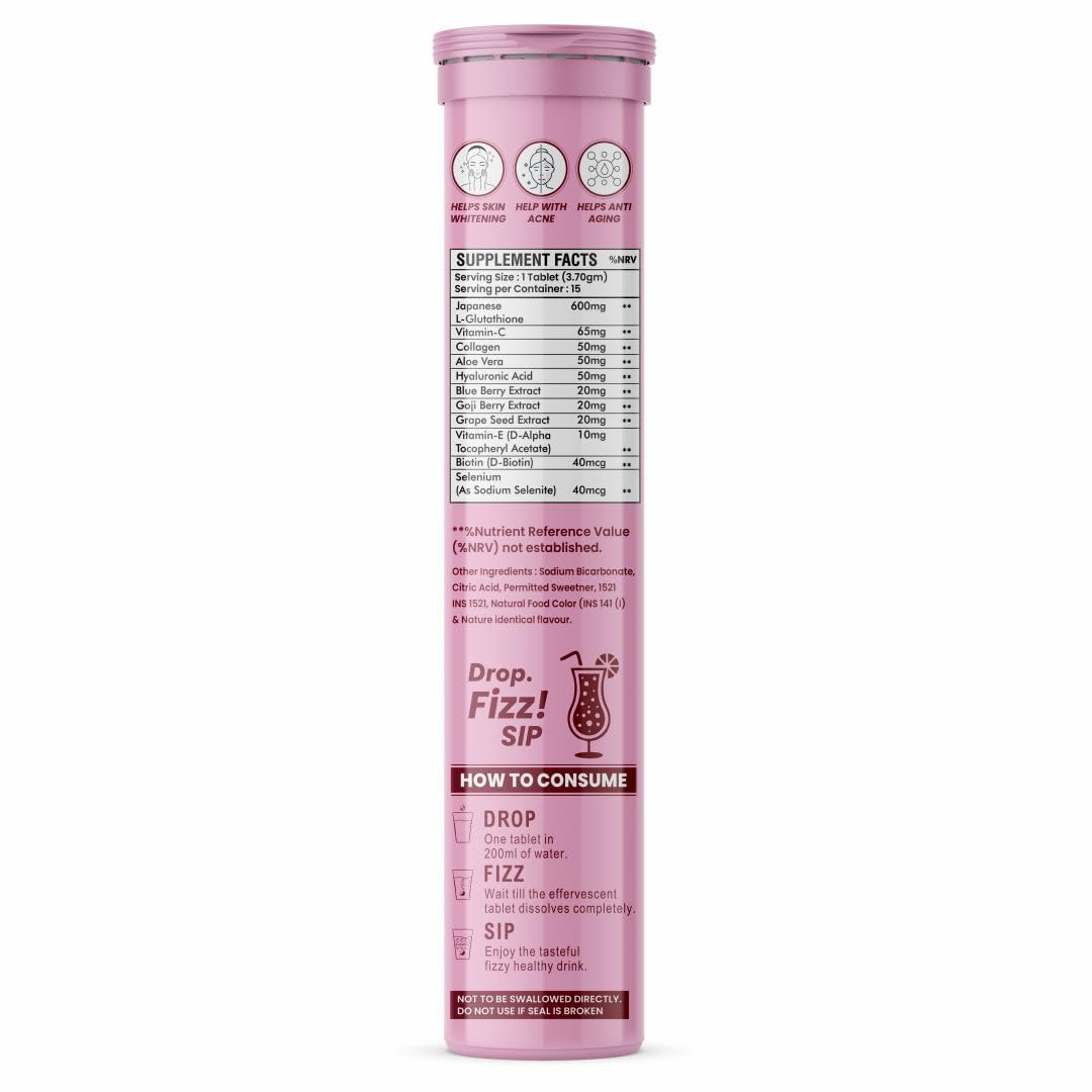 Raskam Glutathione Tablets Japanese L Glutathione 15 Effervescent Tablet In Mixberry Flavour With Collagen Aloevera Biotin Vitamin-c Hyaluronic Acid For Skin Glow & Hydration (Pack of 1)