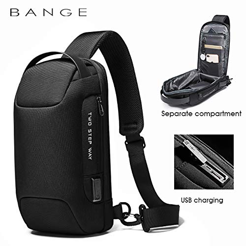 BANGE The Clownfish Sling Bags Water & Scratch Resistant Anti Theft Chest Crossbody Bags with USB Port fits up to 7.9 inches for Men and Women, (Black)