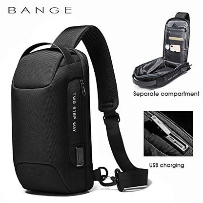 BANGE The Clownfish Sling Bags Water & Scratch Resistant Anti Theft Chest Crossbody Bags with USB Port fits up to 7.9 inches for Men and Women, (Black)