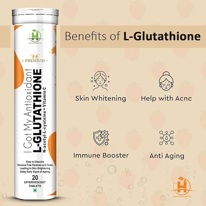 Healthy Nutrition - Just for the Health of it L-Glutathione 600Mg With Vitamin C For Glowing Skin, Antioxidants, Detoxification Pigmentation, And Tan Removal For Men & Women- 20 Effervescent Tablets