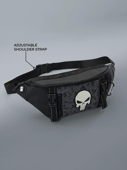 The Souled Store Marvel Punisher Utility Gear Fanny Pack Crossbody Sling Bag 4L Spacious Durable PU with Adjustable Strap Travel Daily Use Waist Bag for Men and Women