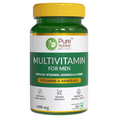 Pure Nutrition Multivitamin for Men with Biotin, Vit A, C, Iron, Alfa Alfa, Moringa, Ginseng, Fenugreek & Green Tea | Supports Immunity, Energy, Stamina, Bone & Overall Health | 60 Veg Tablets