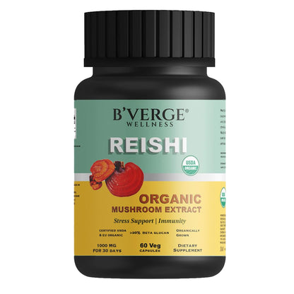 B'VERGE® Pure Red Reishi Mushroom Powder Capsules 500mg | Stress Relief, Liver Support Heart & Immune Health Support Supplement | Usda Organic - 30% Beta Glucans (60 Capsules, 60)