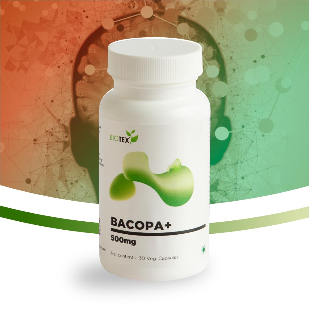 Biotex Bacopa+ 500mg | Brahmi (Bacopa monnieri) 400mg + Haridra (Curcuma longa) 100mg | Memory & Focus Support | Ayurvedic Herbal Supplement | Vegetarian Capsules | Gluten-Free | 30 Count