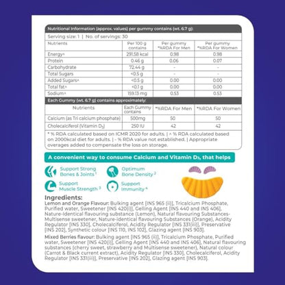 Shelcal Torrent Pro Gummies | Calcium & Vitamin D3 | Sugar Free Gummies | Supports Strong Bones & Joint | Lemon-Orange & Mixed Berries Flavours - Pharma (30 Gummies)