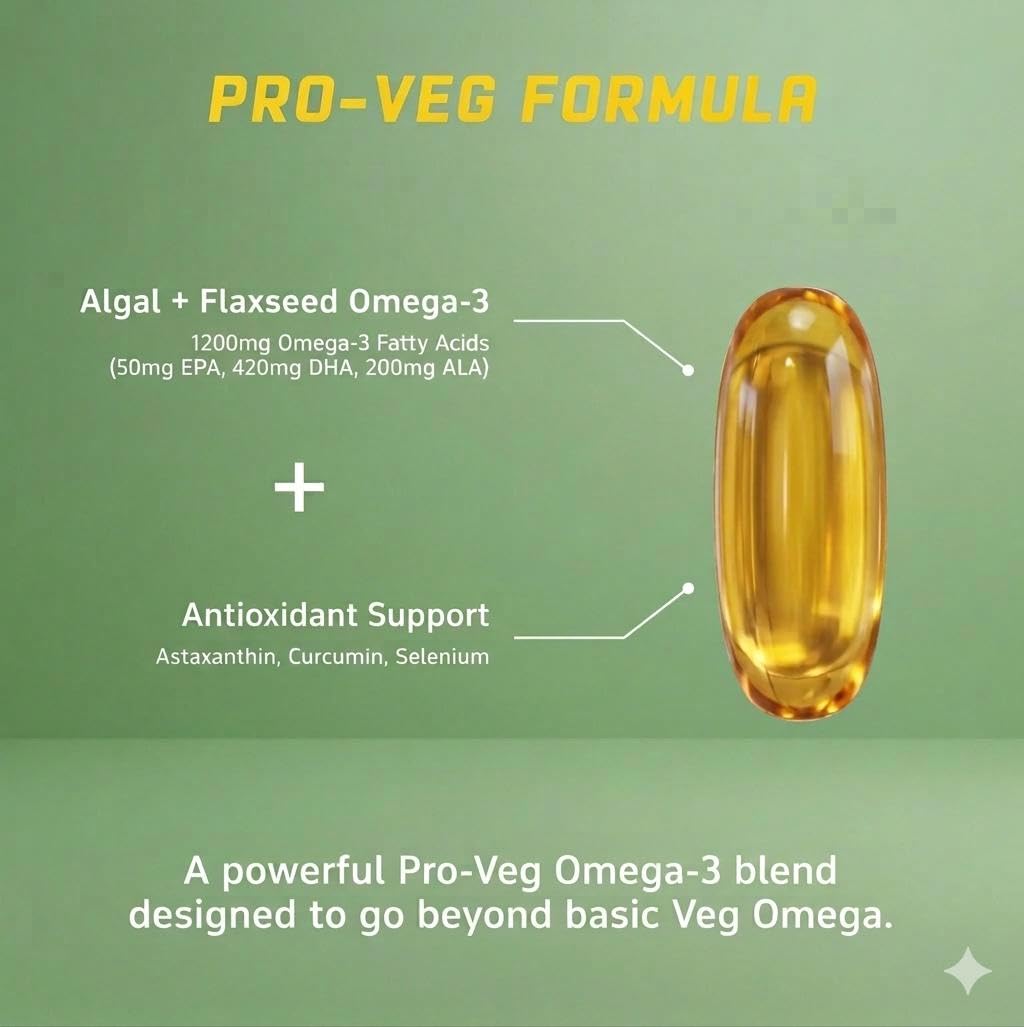 CareFlexa Omega-3 Veg 30 Softgels 1200mg | Algal Oil & Flaxseed Formula | Heart, Brain & Joint Support | Muscle Recovery & Stamina Booster | 30 Vegetarian Softgels