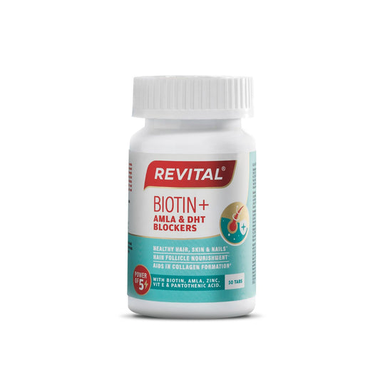 Revital Biotin+ with Amla and DHT Blockers for Hair Growth | Biotin, Amla, Zinc, Vitamin E & Pantothenic Acid | Supports Hair Strength & Skin Health | 50 tablets
