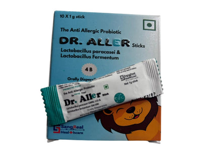 DR ALLER Anti Allergic Probiotic Stick, Pack of 10 sticks of 1g each. Lacobacillus Fermentum and Lactobacillus Paracasei. Ice Orange flavor. Gluten & Sugar free.
