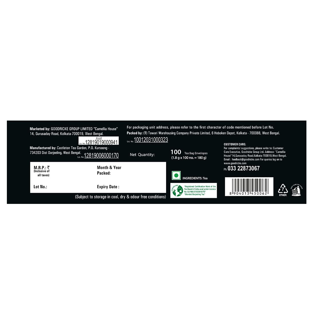 Goodricke Castleton Vintage Darjeeling Tea Bags 100 Count | Premium Single Estate Whole Leaf | Black Tea |Muscatel is a Taste note | Exclusive Tea 180g