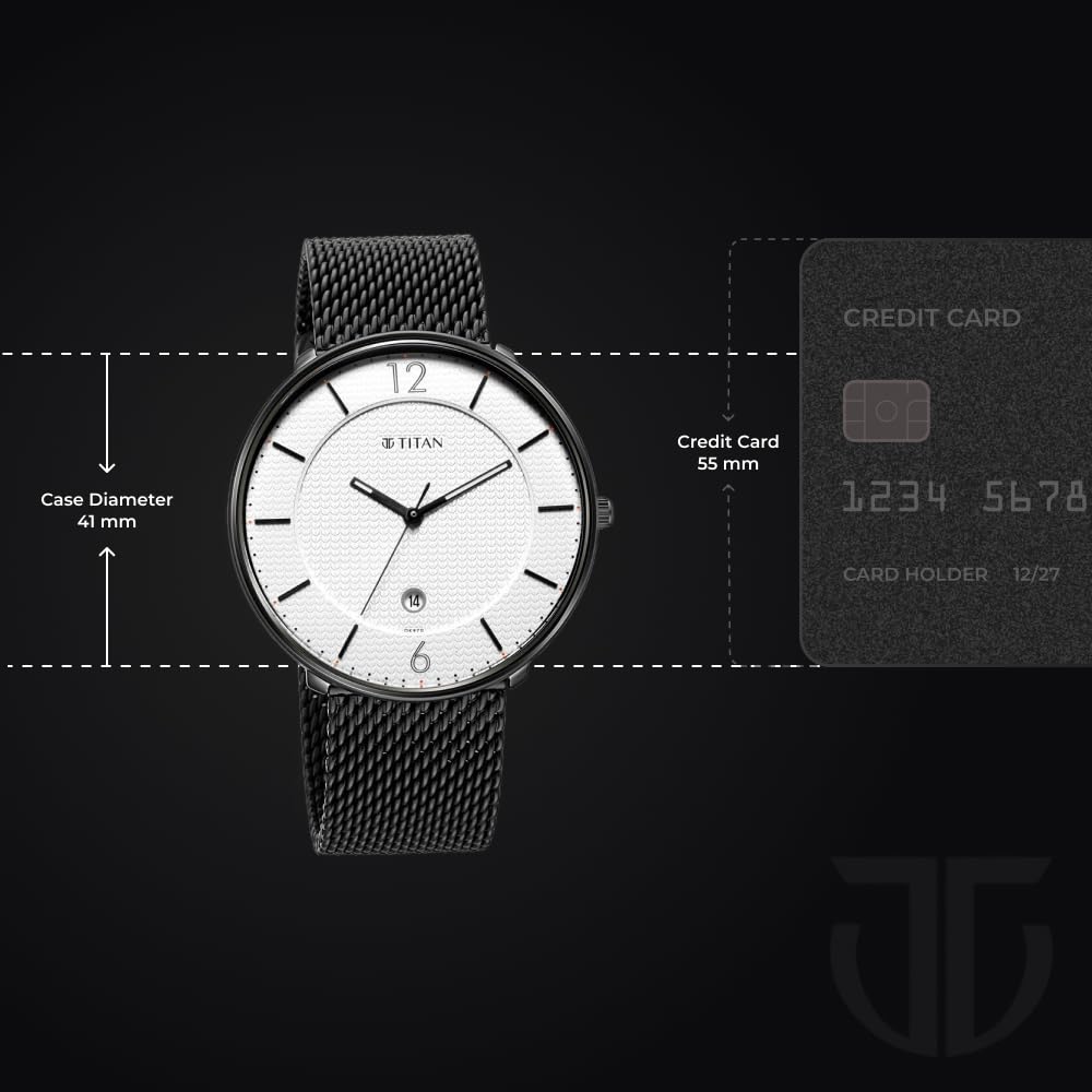 Titan Minimalist Quartz Analog with Date White Dial Black Stainless Steel Strap Watch for Men - NT1849NM01