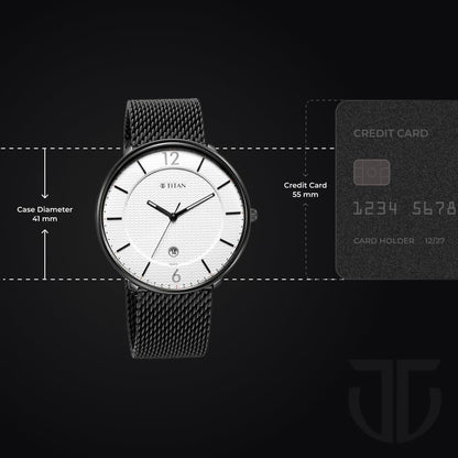 Titan Minimalist Quartz Analog with Date White Dial Black Stainless Steel Strap Watch for Men - NT1849NM01