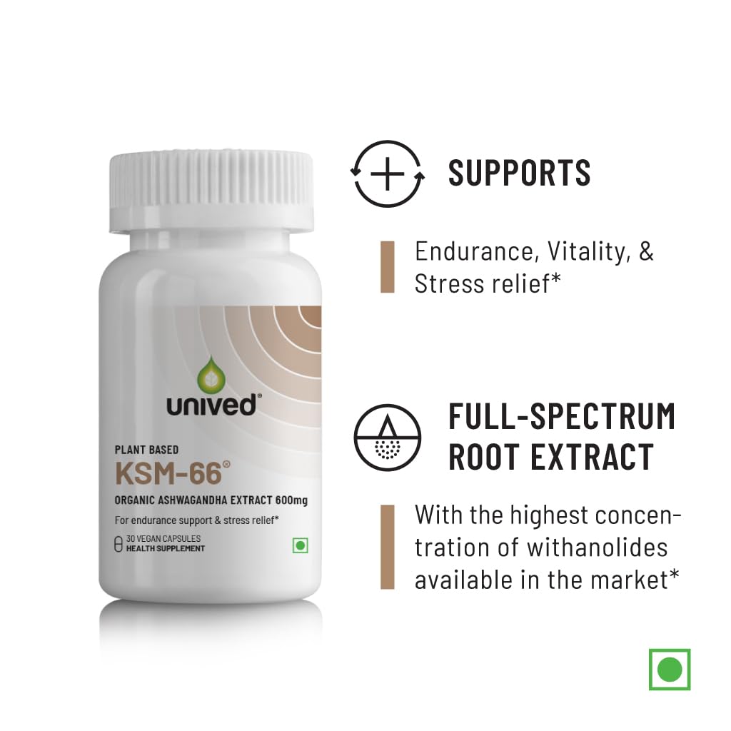 Unived KSM-66 Ashwagandha | 600mg Vegan Full Spectrum Root Extract Standardized to 5% Withanolides | for Stress, Anxiety, Endurance, & Strength (30 Vegan Caps)