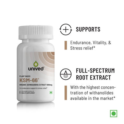 Unived KSM-66 Ashwagandha | 600mg Vegan Full Spectrum Root Extract Standardized to 5% Withanolides | for Stress, Anxiety, Endurance, & Strength (30 Vegan Caps)