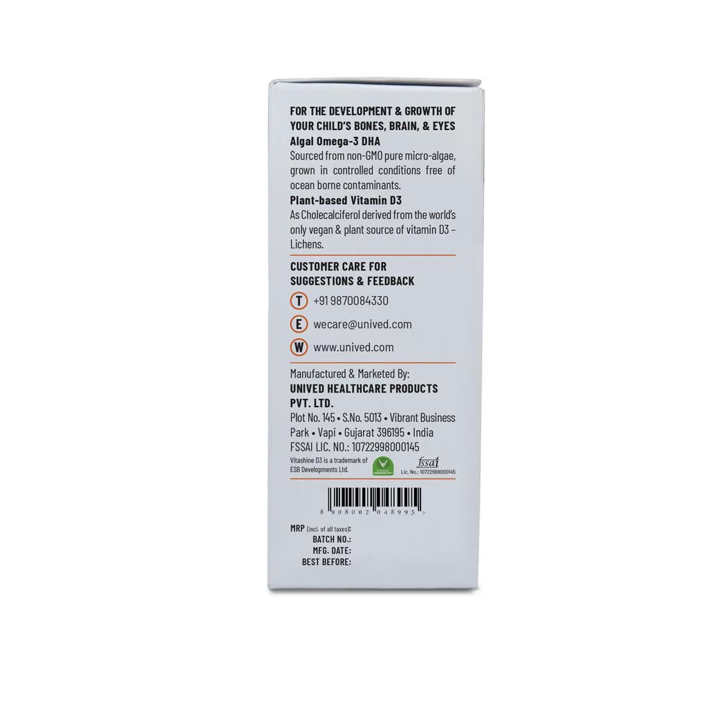 Unived Ovegha D3 Kids, Algae Omega-3 DHA with Plant-Based Vitamin D3, 250mg DHA & 600 I.U. D3, Liquid Dropper, Natural Orange Flavour, 30 servings