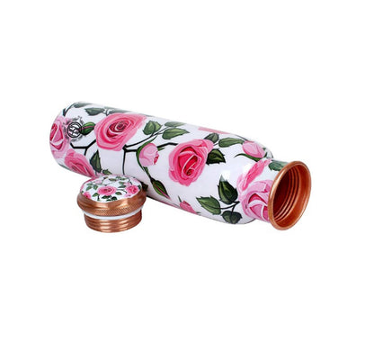 DSH Copper Bottles for 1 Litre Printed with Pink Roses Art, Travelling Purpose Bottles, Yoga Ayurveda Healing, 1000 ML (Design SM02)