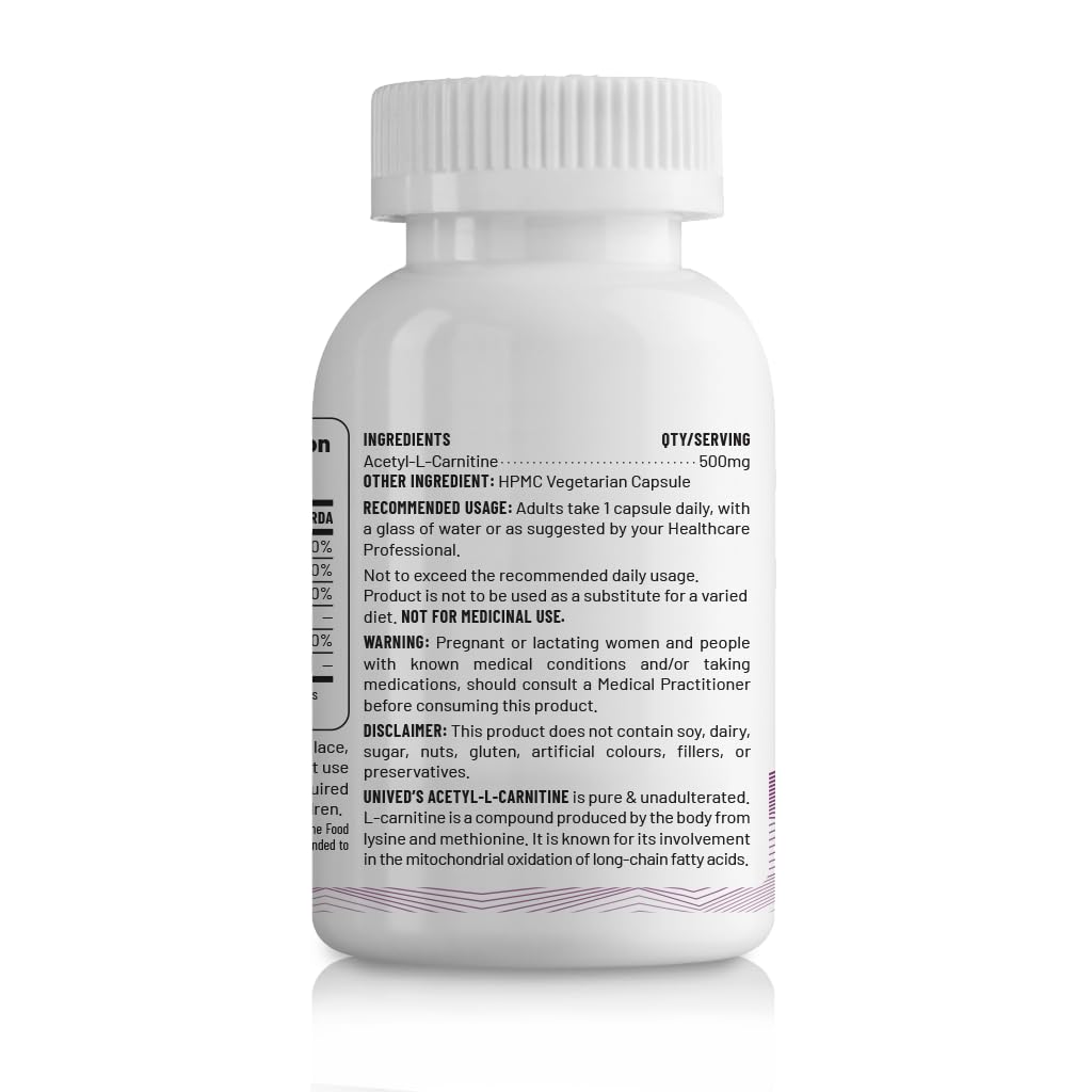 Unived Acetyl L-Carnitine 500mg | Supercharges Brain Function, Fat Loss, & Reaction Time. | Single Ingredient, Flavorless & Caffeine Free | 60 Vegan Capsules