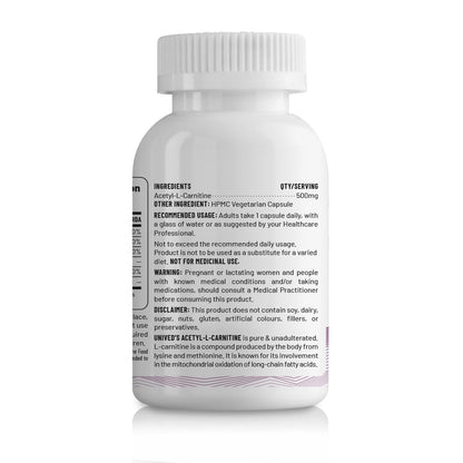 Unived Acetyl L-Carnitine 500mg | Supercharges Brain Function, Fat Loss, & Reaction Time. | Single Ingredient, Flavorless & Caffeine Free | 60 Vegan Capsules