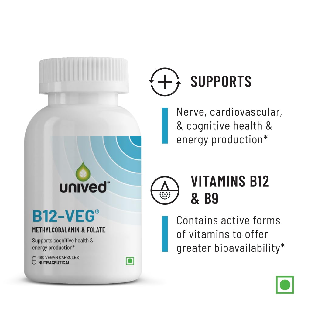 Unived B12-veg, 1500mcg Methylcobalamin (99%), with 500mcg Methyltetrahydrofolate (5-MTHF), 60 Vegan Capsules