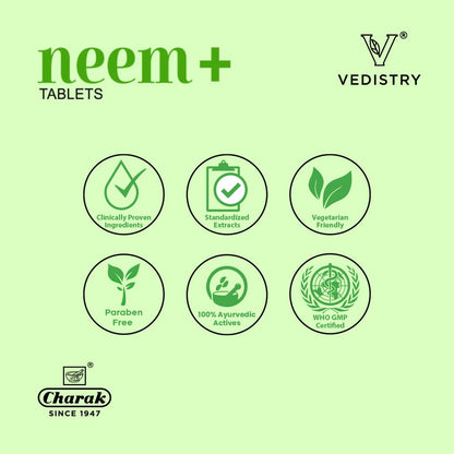 Vedistry Neem+ Tablets | Promotes Skin Health | Control Acne, dark spot & Blemishes | Natural Blood Purifier (60 Tablets in one bottle)