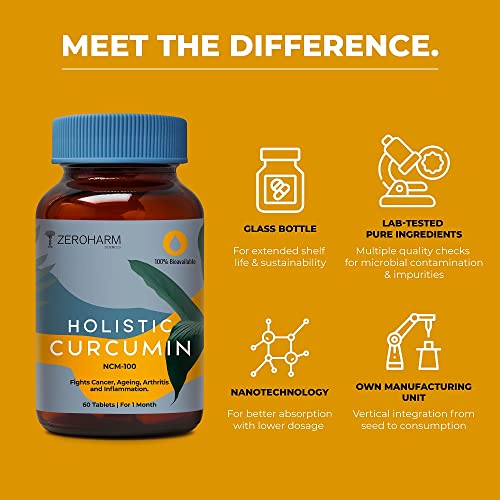 Holistic Curcumin ZEROHARM Supplement- 600mg (60 Veg Tablets) with 95% Curcuminoids - Higher Absorption- Antioxidant & Anti-inflammatory Supplement - For Skin, Joint Support, Boosts Immune System