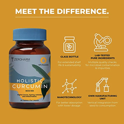 Holistic Curcumin ZEROHARM Supplement- 600mg (60 Veg Tablets) with 95% Curcuminoids - Higher Absorption- Antioxidant & Anti-inflammatory Supplement - For Skin, Joint Support, Boosts Immune System